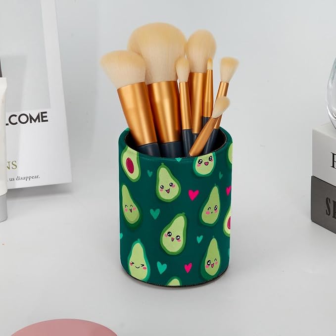 Faux Leather Pen Holder for Desk, Pencil Organizer Cute Fruits Pen Cup Desk Decor Makeup Brush Holder Storage for Office Home