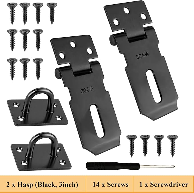 Black Door Padlock Hasp, 2 Pack Stainless Steel Security Gate Lock Latch, Heavy Duty Shed Lock with Screws, for Cabinet, Pet Cage, Crate, Fence, Window, External Doors (3 Inch)