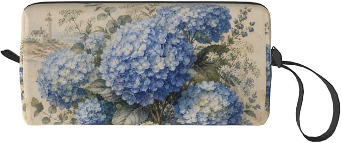 Blue Hydrangea Bloom Makeup Bag for Women | Small Travel Cosmetic Pouch with Zipper, Compact Makeup Organizer Bag for Purse, Toiletries, Skincare & Daily Essentials