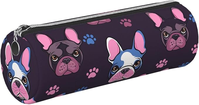 OSAM SPACE Leather Pencil Case Round Pencil Bag Cute French Bulldog Pen Organizer Holder Portable Zipper Pouch Cute School Supplies for Girls Boys Study Office