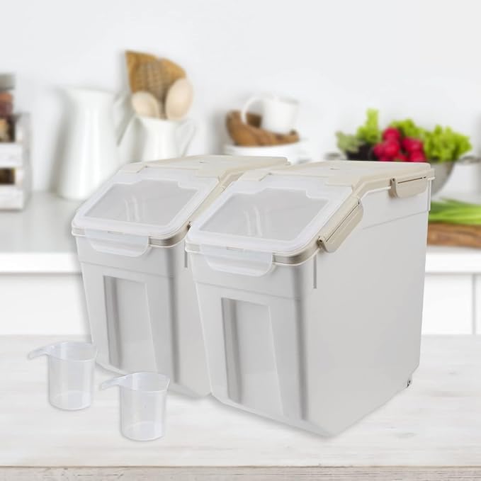 25LB Large Flour Storage Container Bin,4 Pack Airtight Plastic with Wheels Seal Locking Lid Dispenser Organizer Storage Bin with Measuring Cup & Scoop for Flour, Rice, Grain 100LBS Total,Grey