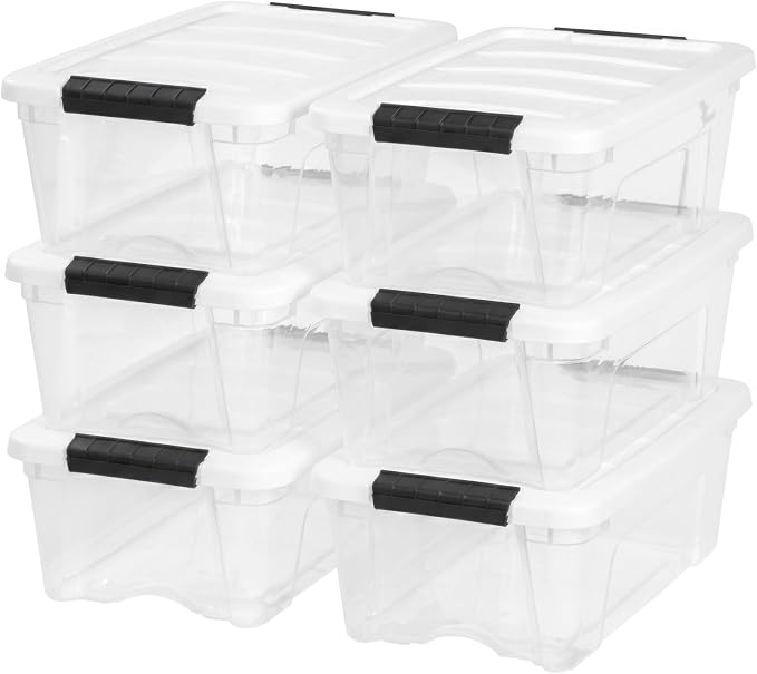 IRIS USA 13 Qt Storage Bins with Lids, 6 Pack, Clear/White | Compact storage for shoes, crafts, office supplies, personal items, closet organization, and small-space storage.