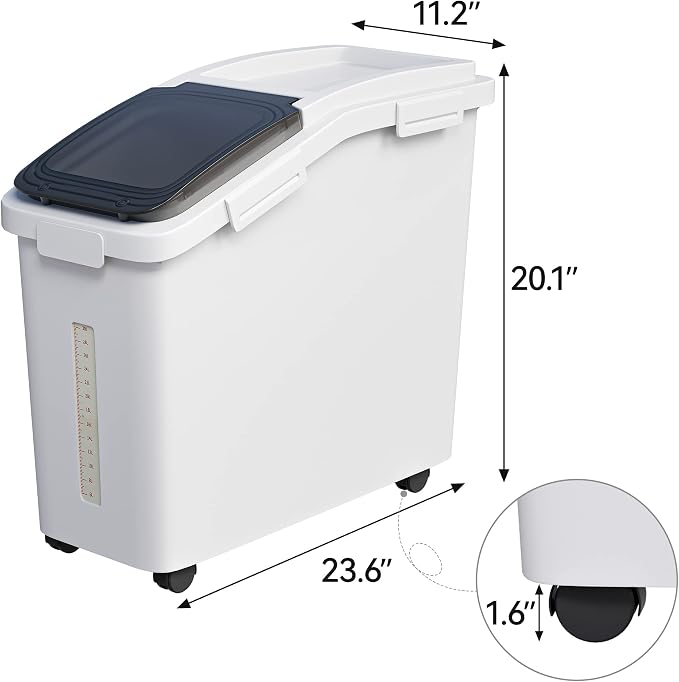 YITAHOME 50L/90lb Large Ingredient Flour Storage Bin, Commercial 11.4-Gallon Rice Storage Container 280 Cups Bulk Flour storage Bins with Wheels,Scoop,Lid and scale, Rice Bin for Kitchen, White