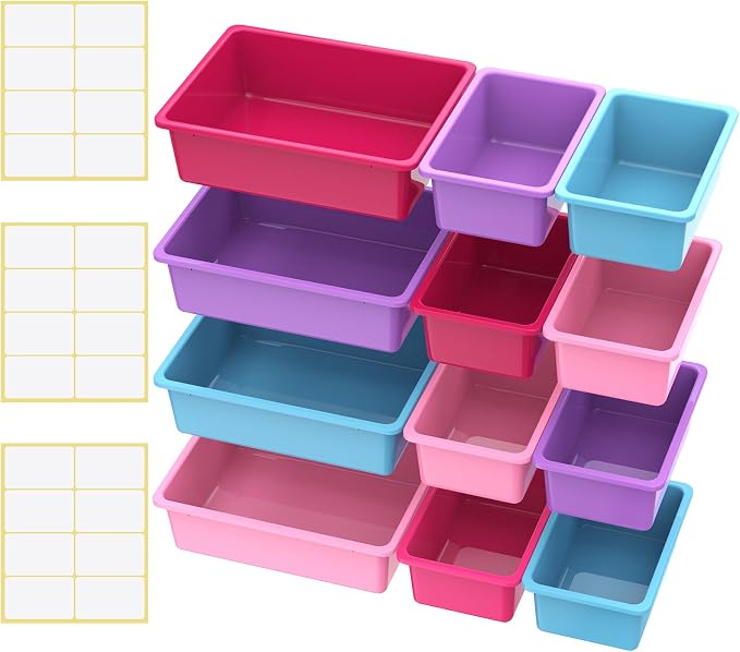 Zonon 12 Pcs Plastic Cubby Bins Office Storage Container Storage Bins Plastic Organization with 1 Pack Self Adhesive Label for Library Office Home Nursery(Mermaid Color)