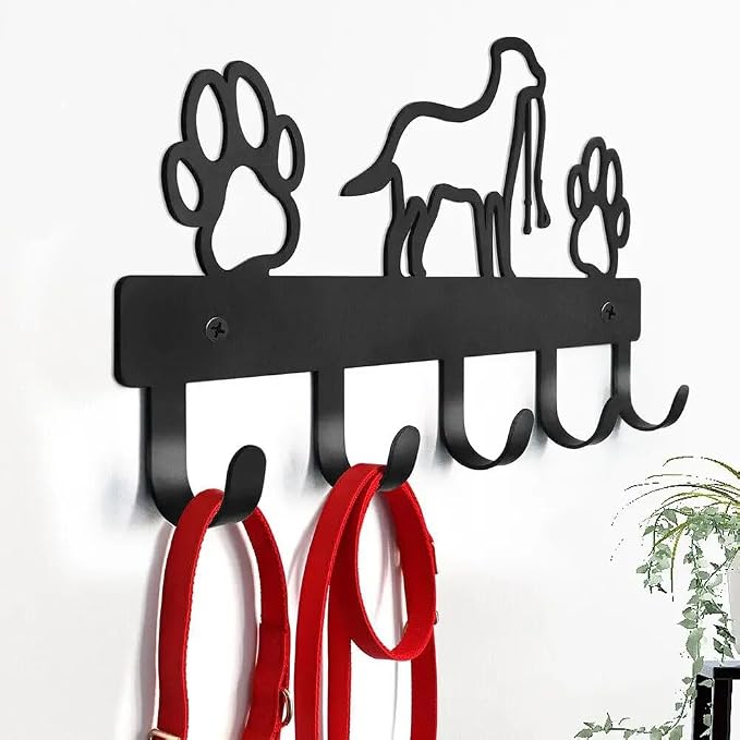 Matte Black Metal Dog Leash & Key Wall Rack – 5-Hook Entryway Pet Accessory Organizer Hanger with Silhouette Canine and Paw Prints Design