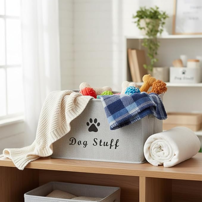 Morezi Dog toy box with lid storage organizer perfect basket for dog toys living room, playroom, closet, home organization and storage - Gray Stripe