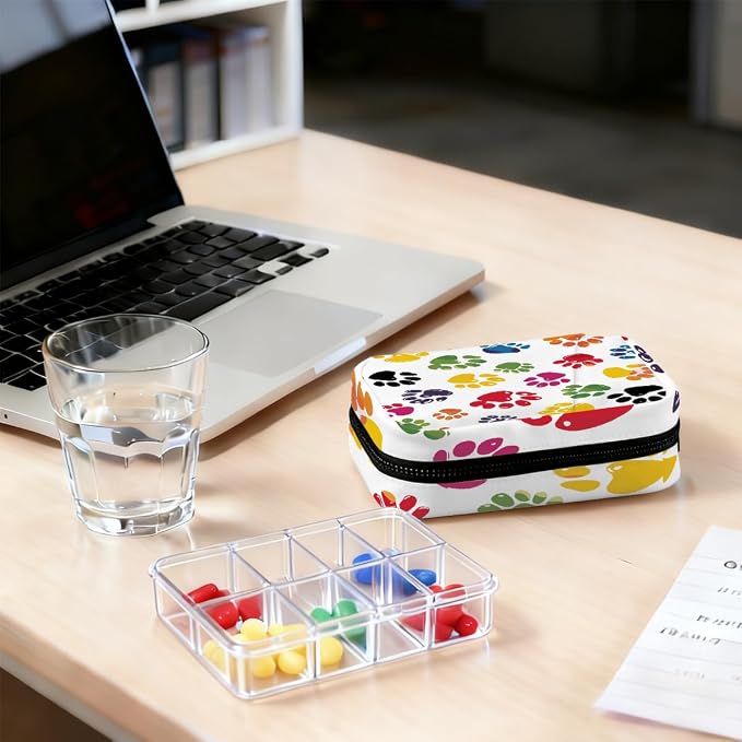 Weekly Pill Organizer Travel Size Bag with Removable 7 Day Pill Box Portable Vitamin Case Purse with Zipper,Colorful Pet Paws White