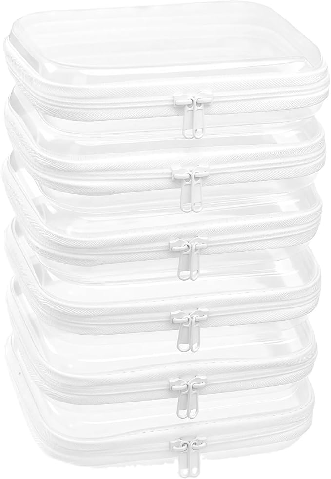 6-Pack Medium Clear Hard Shell Zipper Pouches, Clear Zipper Bags, Hard Case Pouches for Purse & Diaper Bag Organizer, and Travel Essentials (6M)