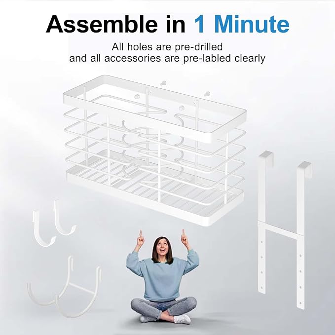 2026 Upgraded 3-in-1 Universal Hair Tool Organizer, XL Size, White | Adjustable Height Metal Hair Dryer Holder, Wall Mounted, Over Cabinet Door, Countertop, Bathroom Storage