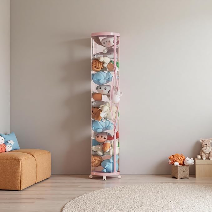 Upgraded Stuffed Animal Storage Tube,Tall (150cm) Plush Organizer with 4 Wheels,Pink PET Clear Bucket & Double Zipper, Space-Saving Toy Storage for Kids Room,Tidy Zoo Bin for Stuffed Animals