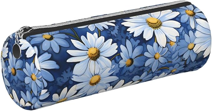 OSAM SPACE Leather Pencil Case Round Pencil Bag Daisy Blue Pen Organizer Holder Portable Zipper Pouch Cute School Supplies for Girls Boys Study Office