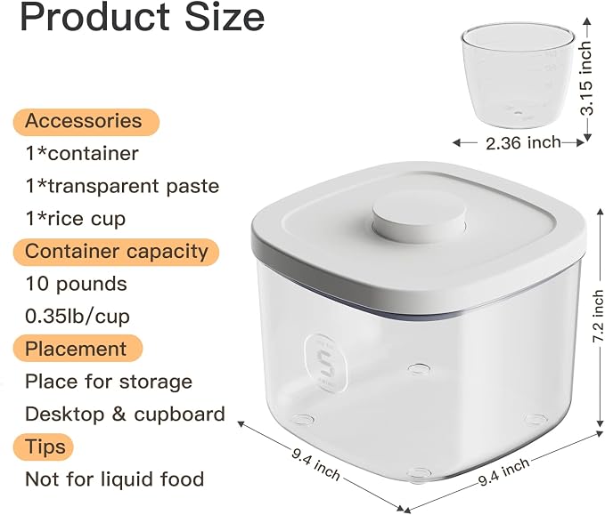 10 Lbs Storage Container Bin Rice Dispenser with Measuring Cup Food Cereal Container Bins Household for Kitchen Pantry Organization | 5Qt/5kg Rice Dispenser Food Cereal Container Bins Household for Kitchen Pantry Organization
