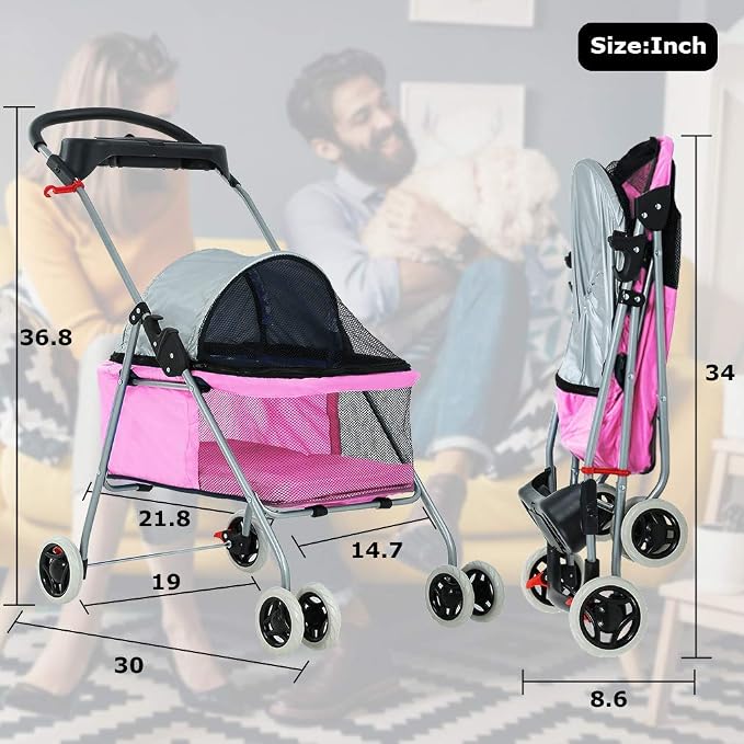 HGS Pet Cat Dog Stroller 4 Wheels Jogger Puppy Travel Carrier Portable Doggie Cage Strolling Cart with Cup Holders, 35Lbs Capacity Folding Waterproof Strolling Cart for Medium Dogs Cats Pet, Pink