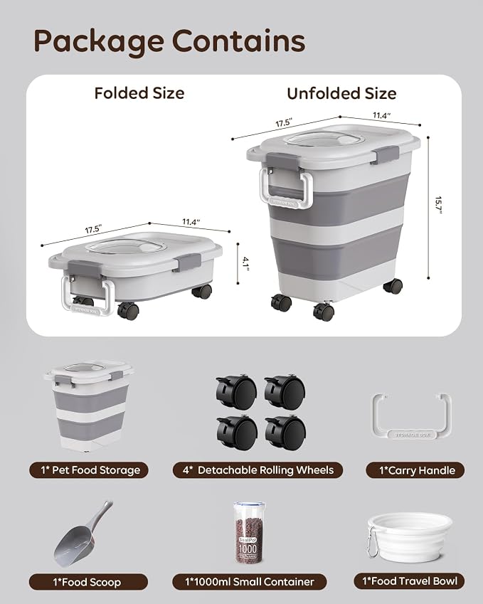 Collapsible Dog Food Container for 10-25 lbs, Airtight Storage Bin | Magnetic Clear Lid with Scoop & Wheels, Space-Saving Design for Dog & Cat Kibble, Rice, Flour,Grey