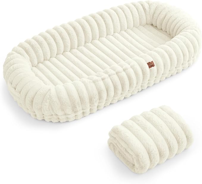 ChiXnuggle Orthopedic Human Dog Bed,Striped Faux Fur Washable Cover,Blanket | cream,72*40*10,giant dog bed for adult or extra large dogs,egg crate foam,non-slip bottom