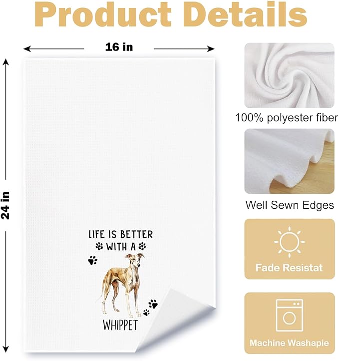 Whippet Dog Kitchen Towels, Whippet Lover Gifts Dish Tea Towels for Kitchen Decor, Dog Mom Dad Gifts Decorative Hand Towel for Bathroom, 16x24 Inches