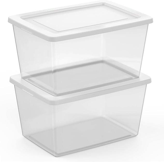 Sterilite Clear Storage Box Stackable Tote, 58 Quart, 6-Pack | Clear Plastic Container with Secure Snapping Lids for Home and Office Organization, White