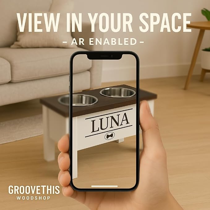 Personalized Dog Bowls Stand for Small Dogs, Wood Elevated Feeding Station | Farmhouse Style, Stainless Steel Dishwasher Safe Bowls, Raised Anti-Slip Feeder, Made in USA