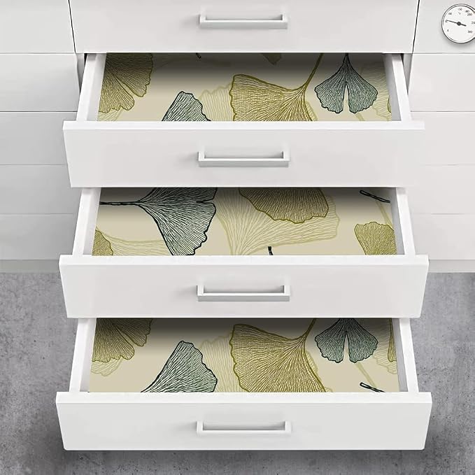 Drawer Shelf Liner Ginkgo Leaf Self-Adhesive Furniture Countertop Lining Paper Sheet Waterproof Wallpaper Roll 118x18 Inch