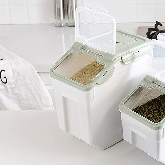 25LB Large Flour Storage Container Bin ,2 Pack Airtight Plastic with Wheels Seal Locking Lid Dispenser Organizer Storage Bin with Measuring Cup & Scoop for Flour, Rice, Grain 50LBS Total