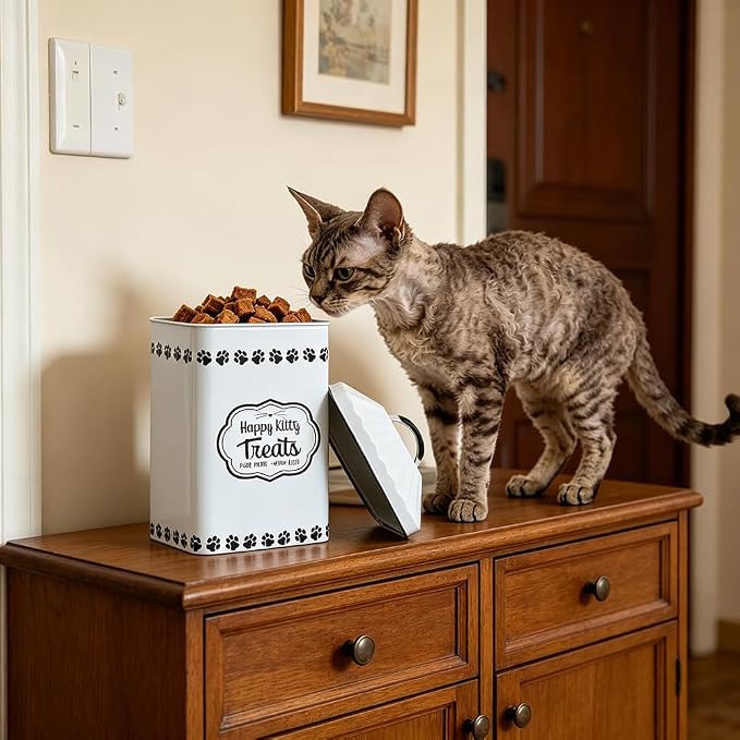 All Chic Cat Food Container Pet Food Storage Container with Lid & Sturdy Metal Handle with Spoon - Metal Kibble Storage Bin for Pets -Pet Food Storage