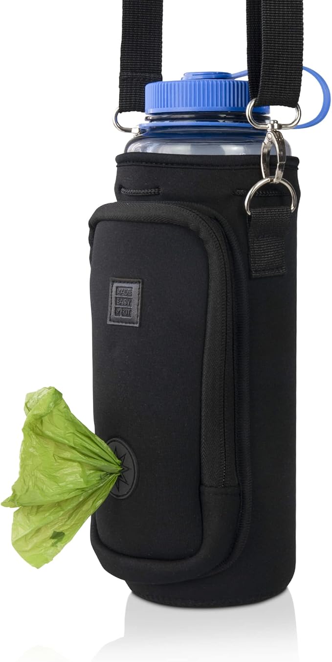 Made Easy Kit Water Bottle Carrier with Pocket for Dog Poop Waste Bags and Adjustable Padded Shoulder Strap (Tall & Large (40oz) with Bowl, Black)