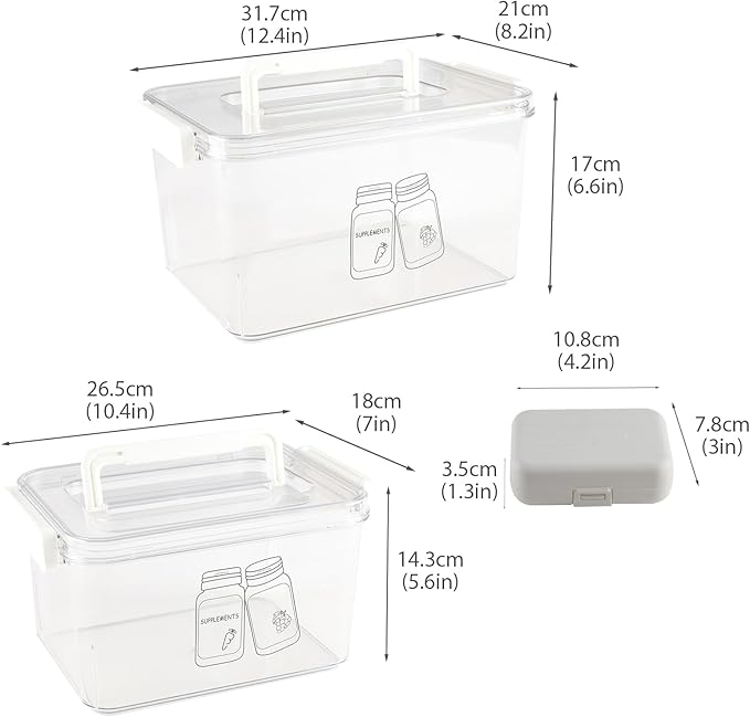 3 Pack Supplement Bottle Organizer with Travel Pill Organizer, Clear Plastic Vitamin Pill Bottle Organizer with Lid & Handle, Stackable First Aid Box Empty for Medicine, Fish Oil, Supplements