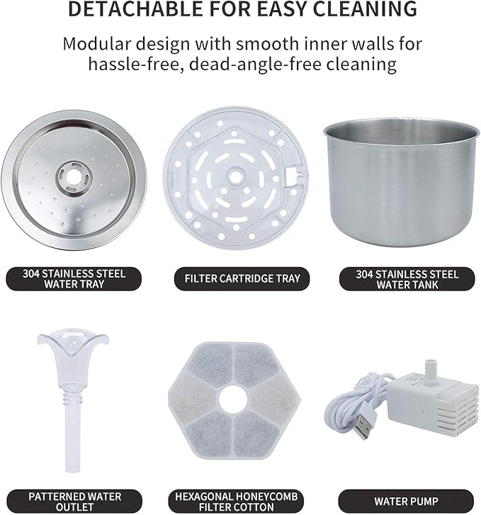 74oz/2.2L Stainless Steel Cat Water Fountain, Automatic Pet Water Dispenser for Cats and Small Dogs, 304 Stainless Steel, Ultra-Quiet Pump, Night Light, Auto Shut-Off for Water Shortage