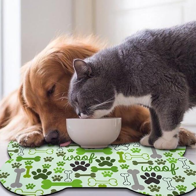 Dog Food Mats for Floors Waterproof, Pet Feeding Absorbent Water Bowl Mat Cat Placemats Green Bone Shape 25.5 * 17 inch