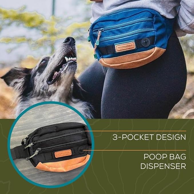 Wilderdog Utility Fanny Pack stores Treats, Balls, Keys in 3 Pockets with adjustable strap and Poop Bag dispenser (Huckleberry)