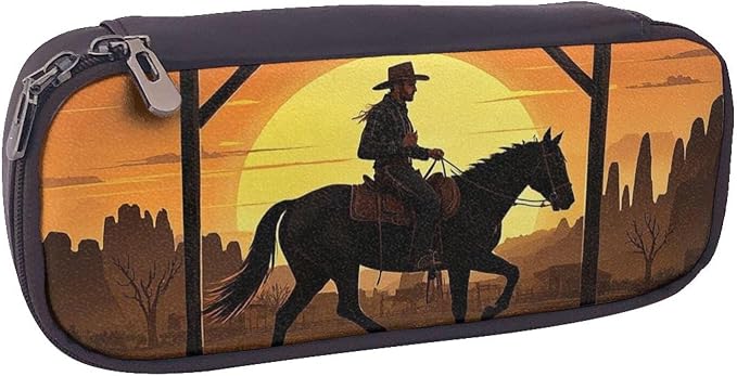Leather Pen Case with Zipper - Aesthetic Pen Holder Cowboy Riding Ranch Desert Pencil Case for Women & Men - Handcrafted Pencil Bag Multi-Functional Travel Cosmetic Case for Work Office Tool Pouch