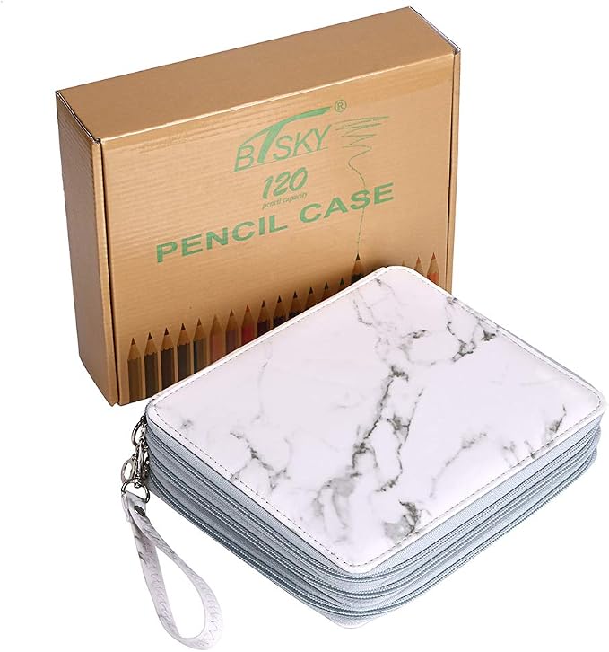 BTSKY Deluxe PU Leather Pencil Case For Colored Pencils - 120 Slot, White | Pencil Holder with Handle Strap Handy Colored Pencil Box Large for Artists, Adults Coloring, Sketching, Drawing