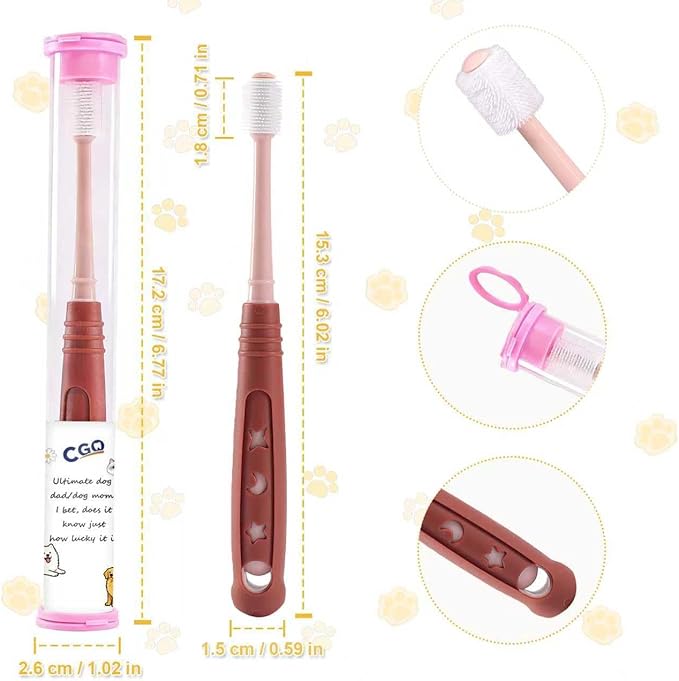 CGO Silicone 360° Toothbrush for Small Dogs & Cats - 4 Pack Round Head Pet Toothbrush, Gentle Chewable Brush with Soft Bristles, Dental Care Kit for Puppy Kitten Oral Hygiene (2 Orange, 2 Brown)