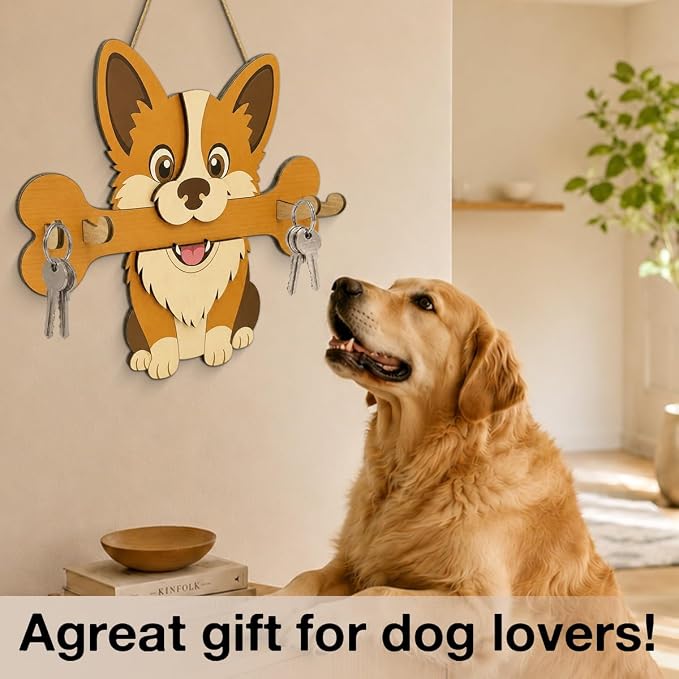 Gifts for Dog Lovers, Cute Dog Leash Holder for Wall, Puppy Key Holder Wall Mount with 4 Keys Hooks, Wooden Key Hooks for Collars, Entryway Garage Living Room Kitchen Mudroom