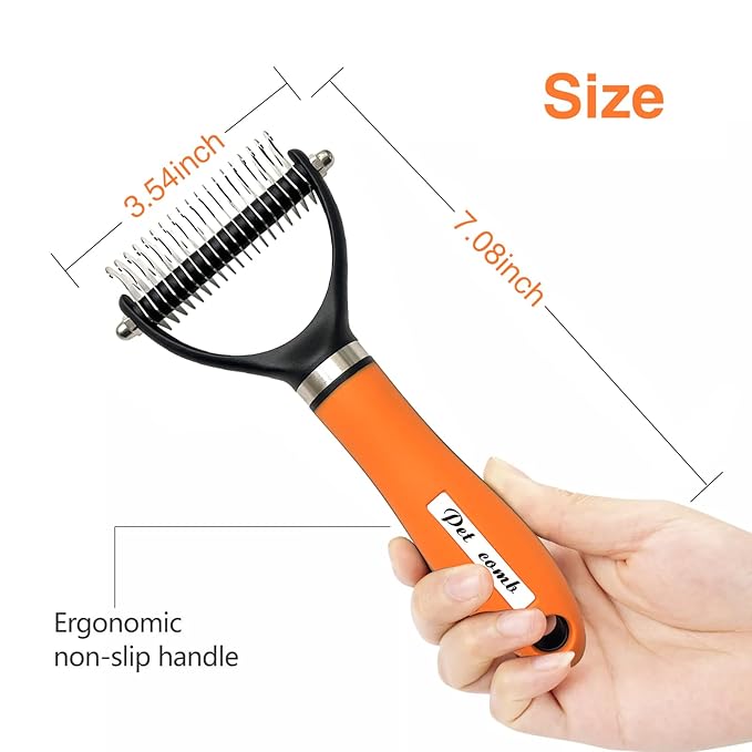 2-Sided Undercoat Rake for Dogs and Cats, Deshedding & Dematting Comb for Long Hair, Dog Brush for Shedding and Tangles, Stainless Steel Pet Grooming Tool