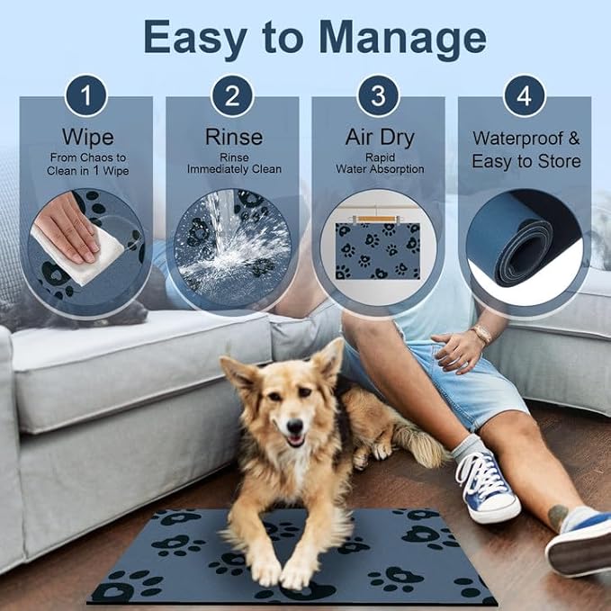 Dog Feeding Mat 17"x28", Absorbent Mat for Dog Water Bowl, Rubber Pet Food Mat, Pet Food Mats for Floor Waterproof, Pet Placemats for Food and Water, Cat Feeding Mat, Blue
