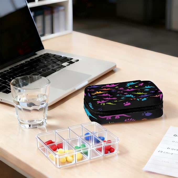 Weekly Pill Organizer Travel Size Bag with Removable 7 Day Pill Box Portable Vitamin Case Purse with Zipper,Colorful Dinosaurs Black Pattern
