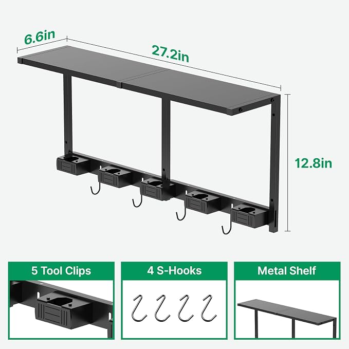 CCCEI Broom and Mop Wall Mount with Shelf, Laundry Room Cleaning Tools Organization Hanging Rack with Hooks, Bathroom, Garage, Garden Organizers and Storage. All Metal, Black, 2 Pack.