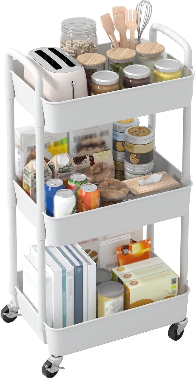 Sywhitta 3-Tier Plastic Rolling Utility Cart with Wheels for Storage,White | Multi-Functional Storage Trolley, for Office, Living Room, Kitchen, Bathroom,Movable Organizer,Space-Saving,Easy to assemble