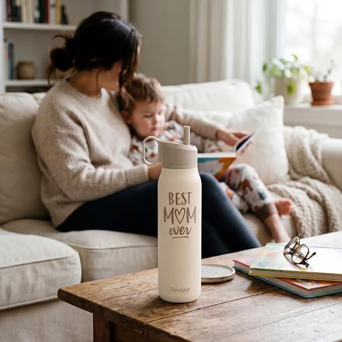 Best Mom Ever Water Bottle with Twist Lid Insulated Stainless Steel 20oz, Travel Water Bottles for Sports & Gym, Mom Gifts for Mothers Day Birthday Christmas