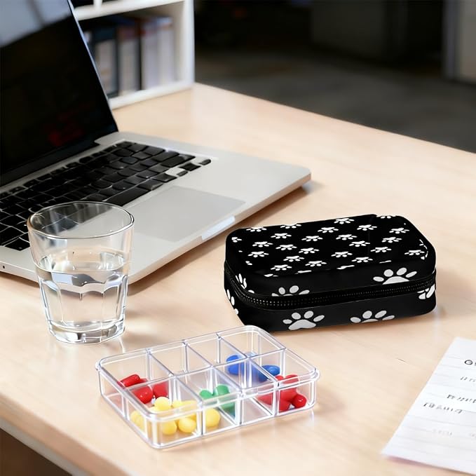 Weekly Pill Organizer Travel Size Bag with Removable 7 Day Pill Box Portable Vitamin Case Purse with Zipper,White Pet Paws Black