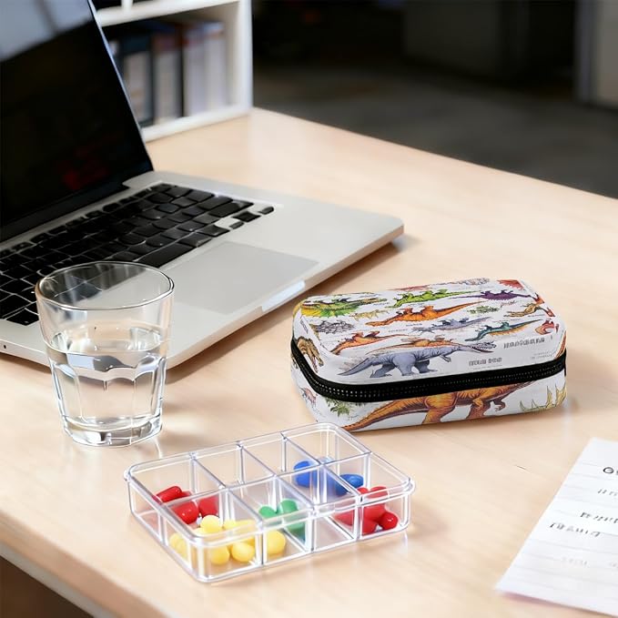 Weekly Pill Organizer Travel Size Bag with Removable 7 Day Pill Box Portable Vitamin Case Purse with Zipper,Colorful Dinosaurs Detailed Pattern