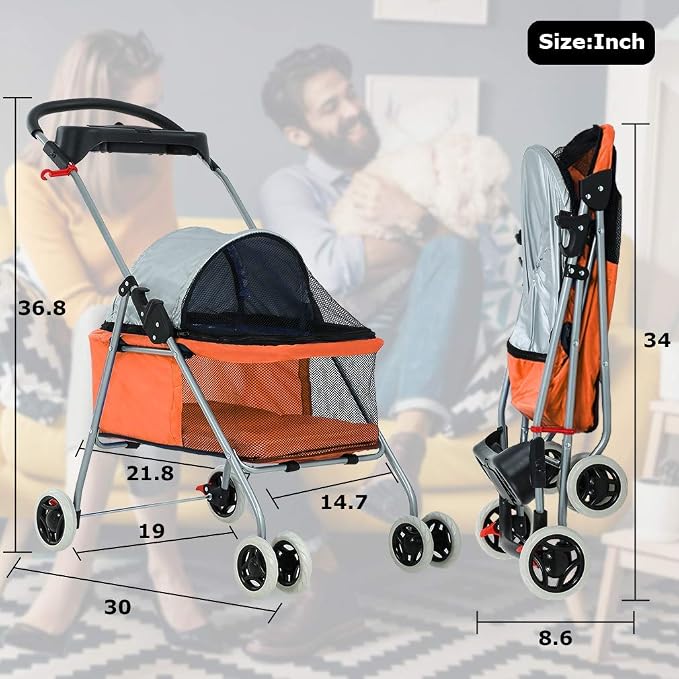 HGS Pet Cat Dog Stroller 4 Wheels Jogger Puppy Travel Carrier Portable Doggie Cage Strolling Cart with Cup Holders, 35Lbs Capacity Folding Waterproof Strolling Cart for Medium Dogs Cats Pet, Orange