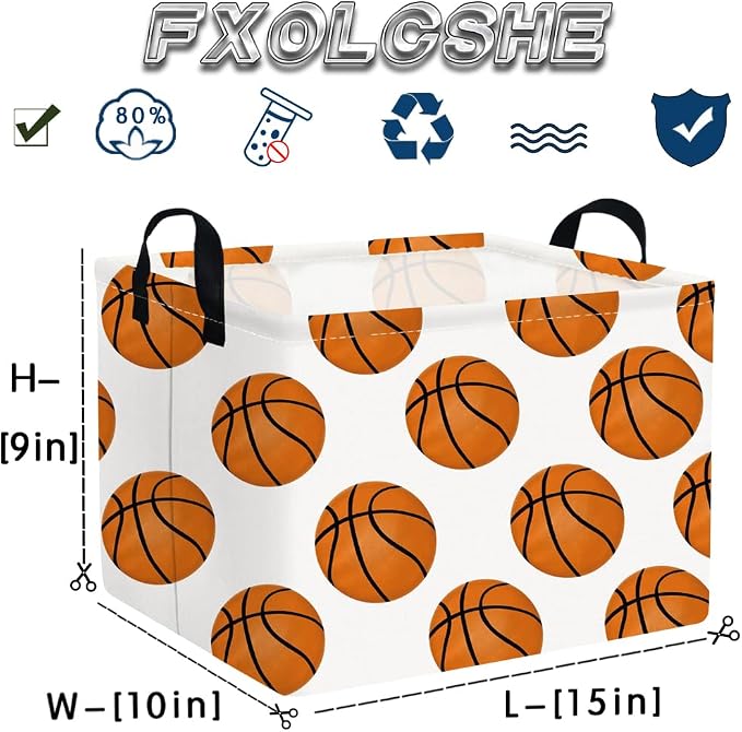 FXOLCSHE Rectangular Basketball Basket,Canvas Basketball Laundry Basket,Kids Toys Storage Bin with Handles,Boys storage box,Baby hamper,Room Decor(Basketball)