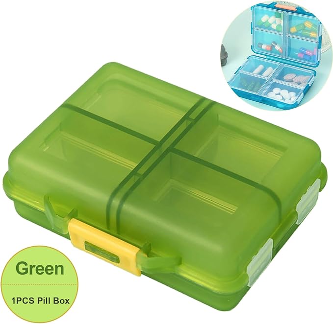 Small Travel Pill Box Organizer, 8 Compartment Pill Case Planner | Portable Folding Daily Medcine Container Capsule Dispenser for Storage Medication, Meds, Vitamin, Fish Oil, Supplement, Green