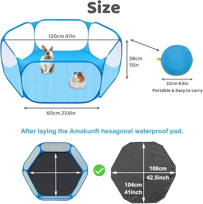 Amakunft 2 in 1 Small Animal Playpen with Waterproof Pad, Pop-Up Portable Play Yard for Guinea Pigs, Rabbits, Hamsters, Hedgehogs, Foldable Exercise Fence with Breathable Mesh for Indoor Outdoor Use