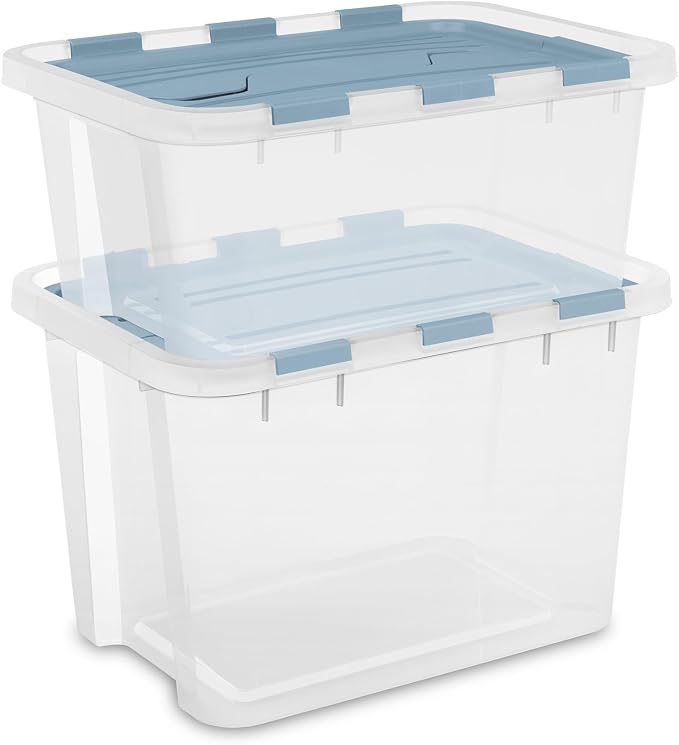 Sterilite Hinged Lid Storage Box Plastic Container, 20 Quart, 12-Pack | Washed Blue - Home Organizer Tote for Storing Shoes, Crafts, Clothing, or Decor