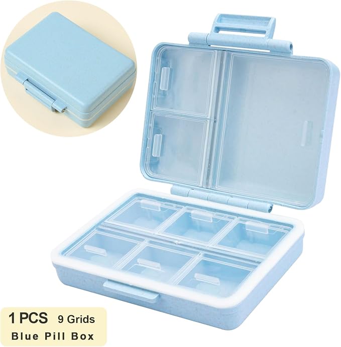 Travel Pill Organizer, 9 Compartment Portable Medicine Storage Box | BPA-Free, Double Lock, Daily Cute Medicine Case, Weekly Vitamin Supplements Fish Oils Meds Organizer, for Travel, Work, Blue