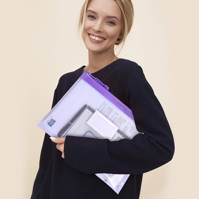 Wisdompro Zipper Pouch, 4 Pack Waterproof Mesh File Bag, Document Organizer | 13.3x9.8", Letter Size Mesh Bag with Outer Label Pocket, Durable, Perfect for File, Paper, Pen, Office, School & Home, Purple