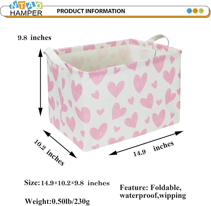 NTAOHAMPER 24L Children's Day Father Gifts Pink Heart Fabric Storage Basket Empty with Handles, Books Box, Lovely Storage (Pink Heart)
